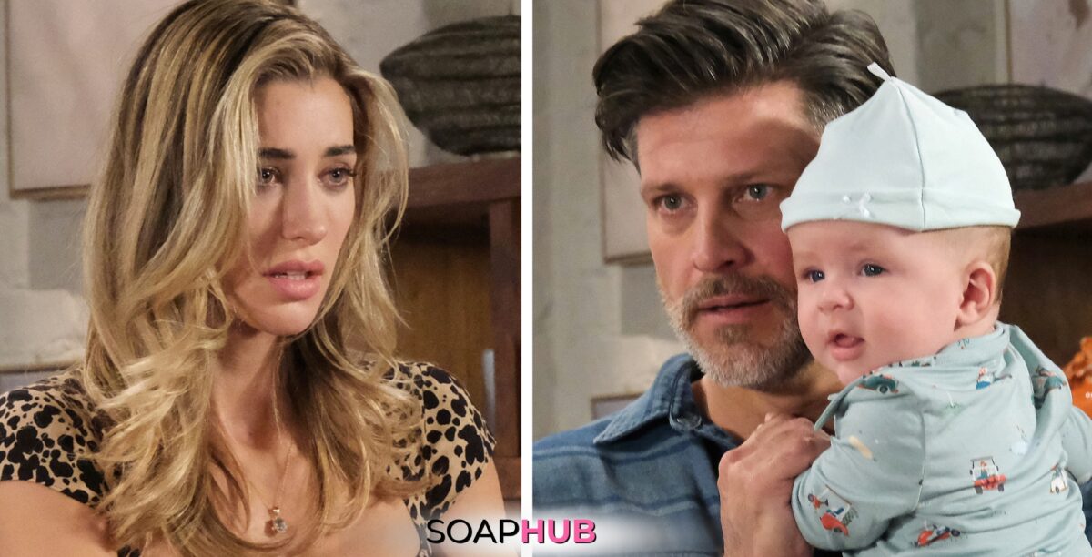 Days of our Lives spoilers for May 28 feature Sloan, Eric, and Jude with the Soap Hub logo.