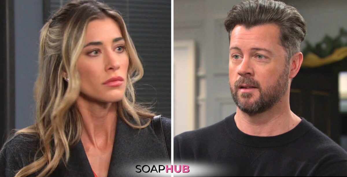 Days of our Lives spoilers for May 13 feature Sloan and Eric with the Soap Hub logo.
