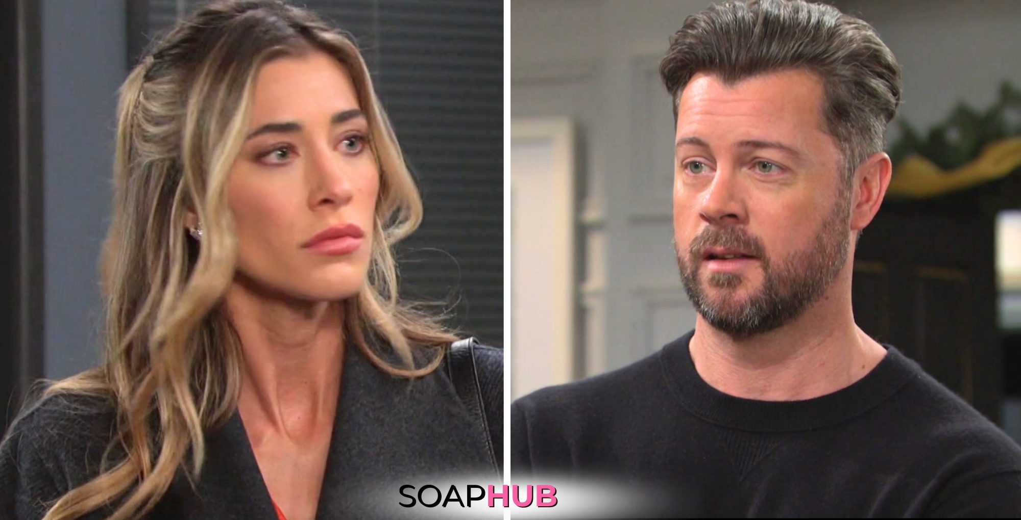 Days of our Lives spoilers for May 13 feature Sloan and Eric with the Soap Hub logo.