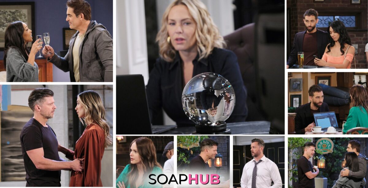 Jada, Rafe, Nicole, EJ, Eric, Sloan, Everett, Stephanie, Johnny, and Chanel featured in the Days of Our Lives spoiler photos for the May 6, 2024 episode with the Soap Hub logo across the bottom.