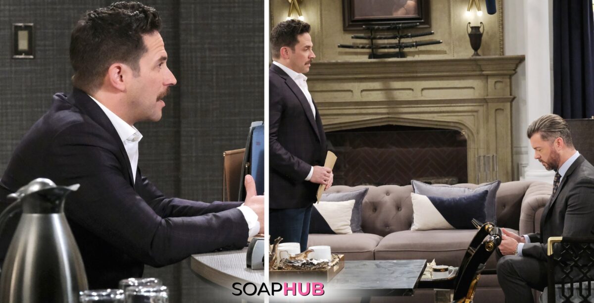 Days of our Lives spoilers for May 17 feature Stefan and EJ with the Soap Hub logo.