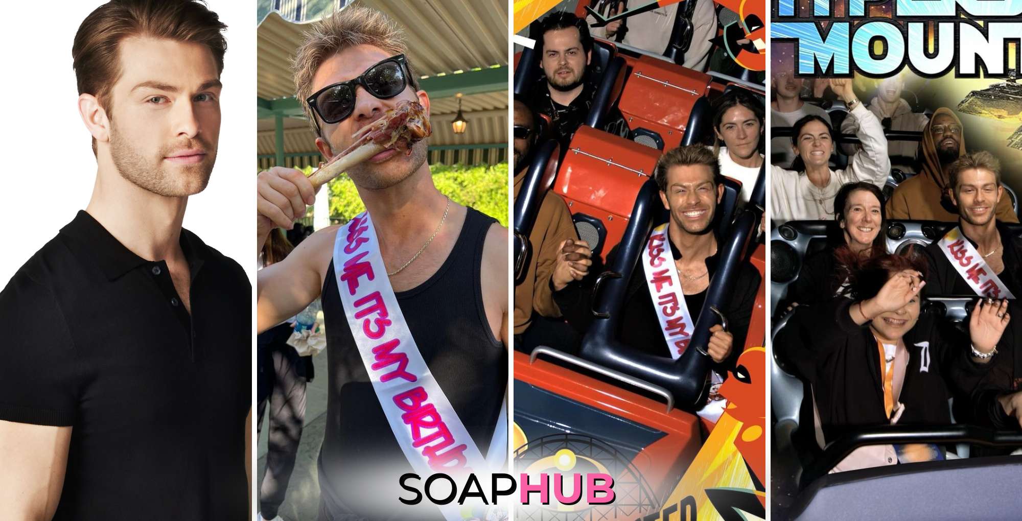 General Hospital star Evan Hofer at Disneyland with the Soap Hub logo.