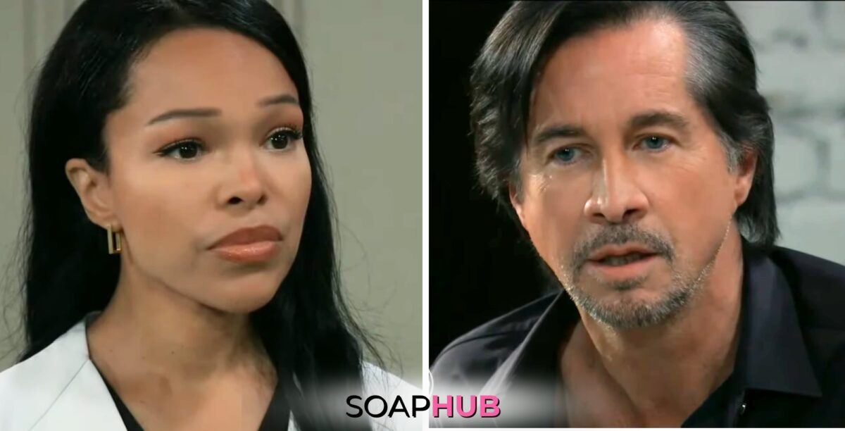 Portia and Finn on the May 24, 2024 episode of General Hospital with the Soap Hub logo across the bottom.