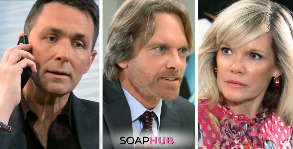 Valentin, John, and Ava on the May 14, 2024 episode of General Hospital with the Soap Hub logo across the bottom.