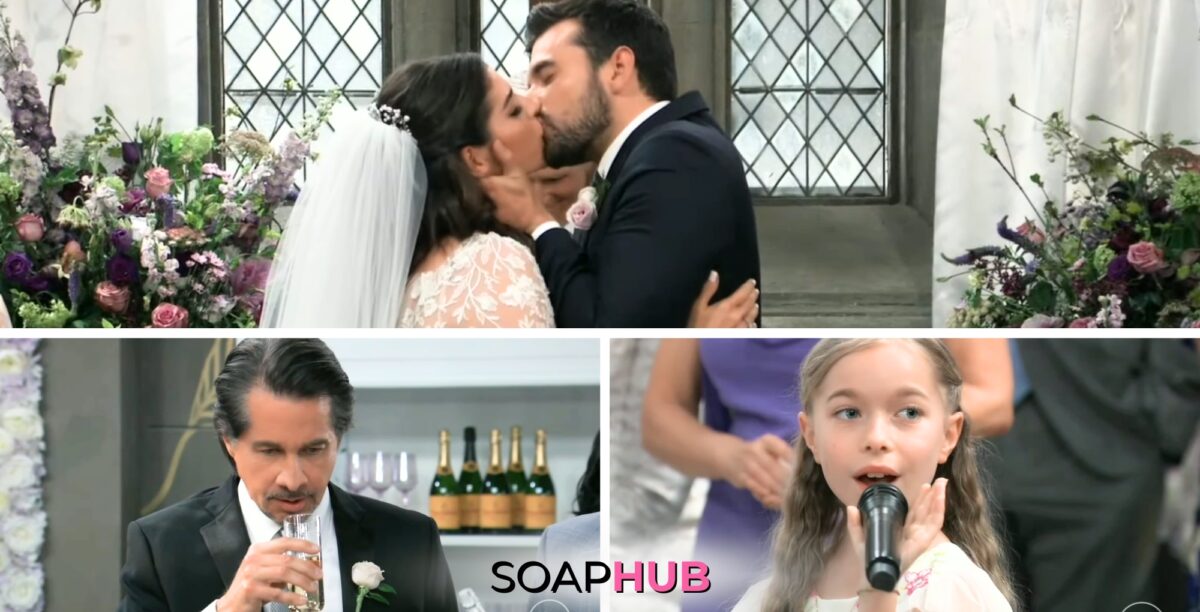 Chase, Brook Lynn, Finn, and Violet at the wedding on the May 16, 2024 episode of General Hospital with the Soap Hub logo across the bottom.