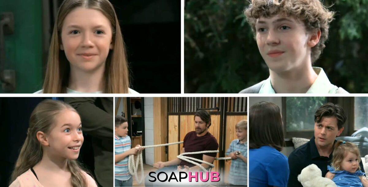 Georgie, Aiden, Violet, James, Cody, Wiley, Willow, Michael, and Amelia on the May 2, 2024 episode of General Hospital with the Soap Hub logo across the bottom.