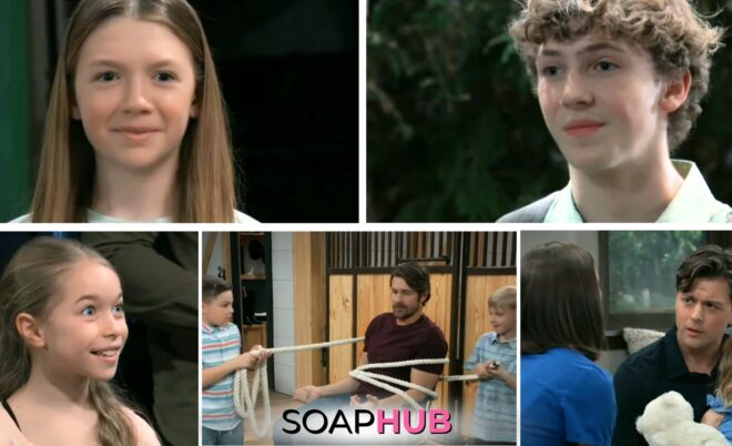Georgie, Aiden, Violet, James, Cody, Wiley, Willow, Michael, and Amelia on the May 2, 2024 episode of General Hospital with the Soap Hub logo across the bottom.