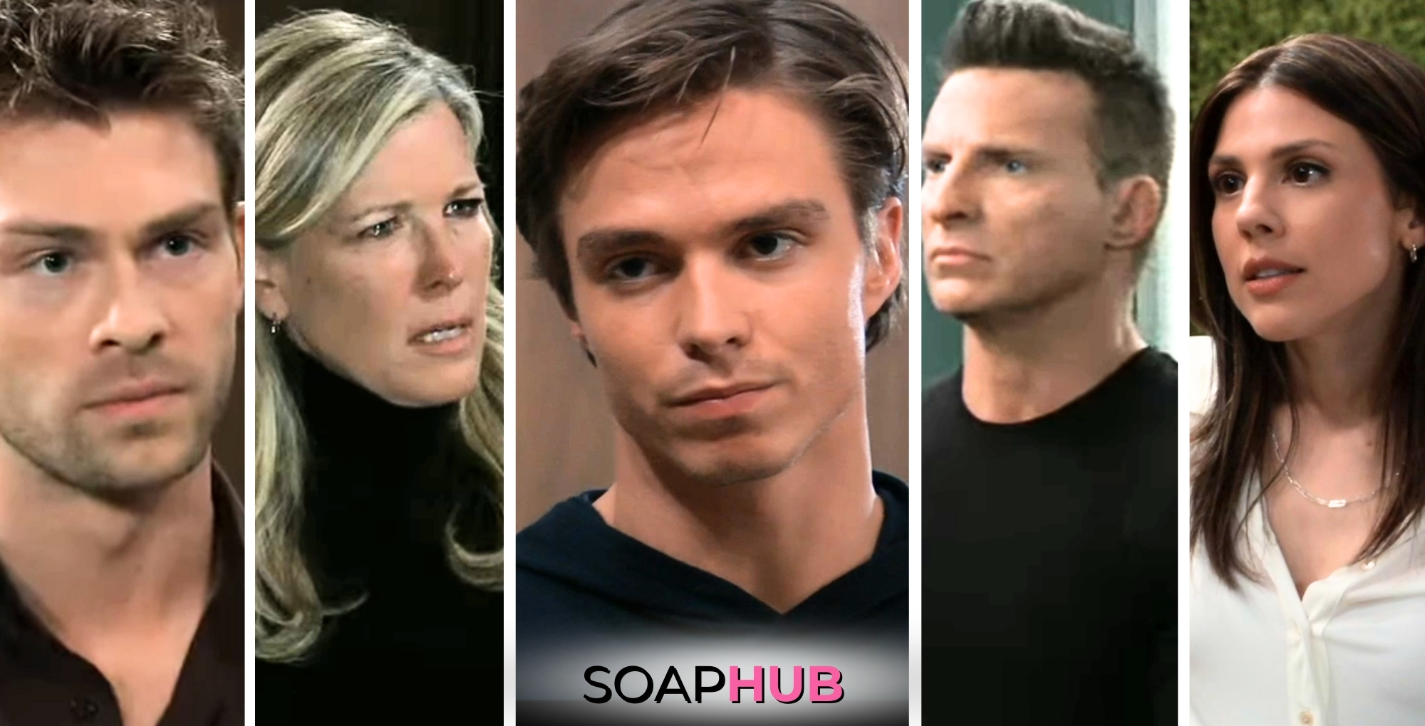 Evan Hofer, Laura Wright, Nicholas Alexander Chavez, Steve Burton, and Kate Mansi on General Hospital with the Soap Hub logo across the bottom.