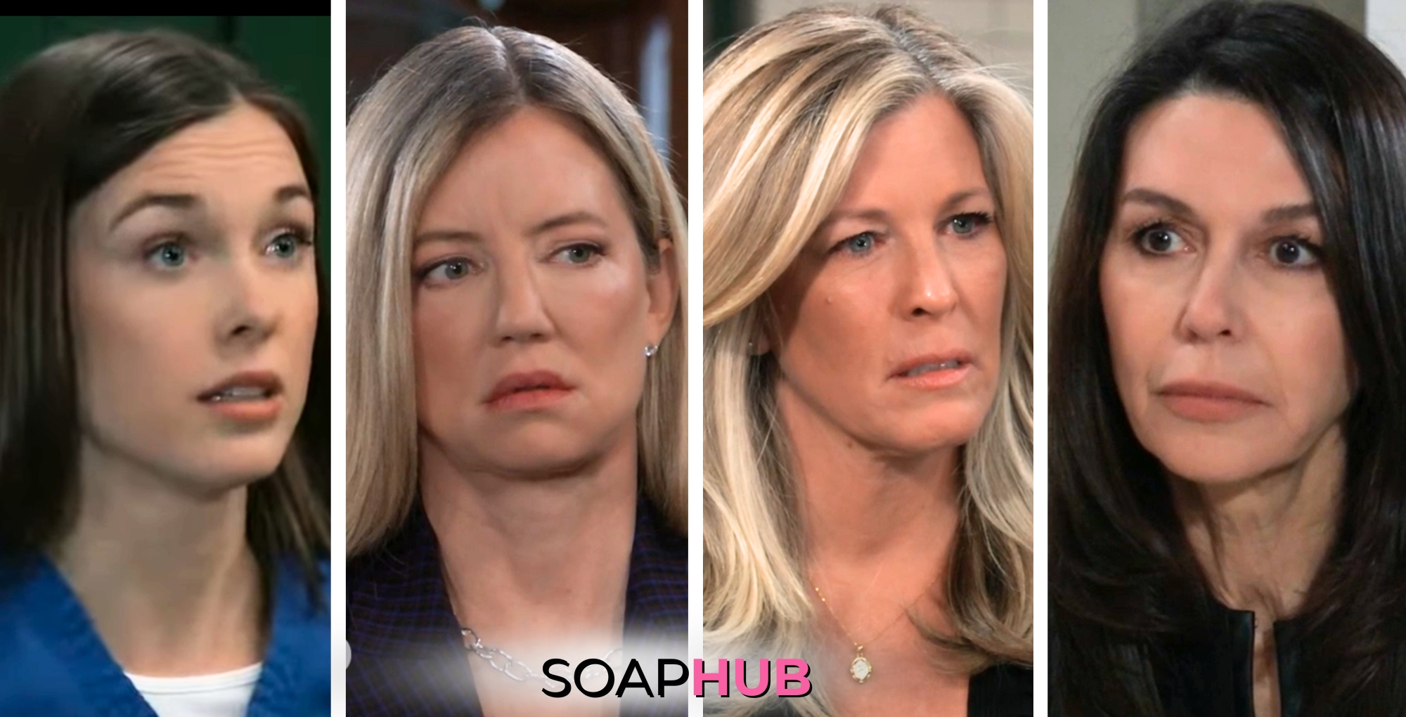 On General Hospital, the May 13 spoilers focus on Willow, Nina, Carly, and Ann with the Soap Hub logo across the bottom.