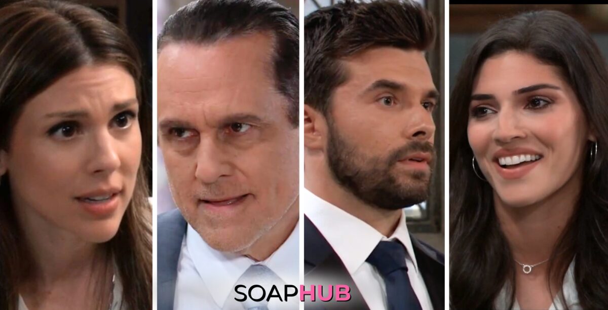 General Hospital spoilers for Friday, May 17 with Brook Lynn, Chase, Sonny, and Kristina with the Soap Hub logo near bottom of image.
