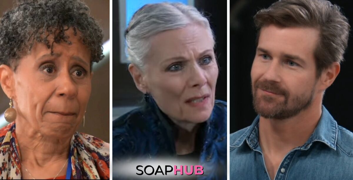 General Hospital spoilers for Friday, May 24, 2024 featuring Stella, Tracy, and Cody, with the Soap Hub logo near bottom of image.