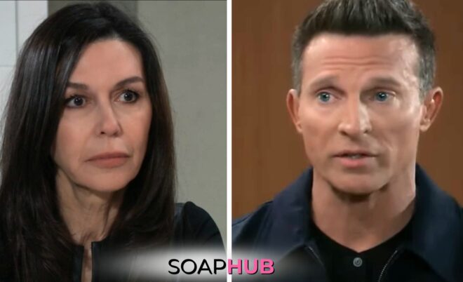 On General Hospital, the May 8 spoilers focus on Jason telling Anna what Cates has on him, with the Soap Hub logo across the bottom.