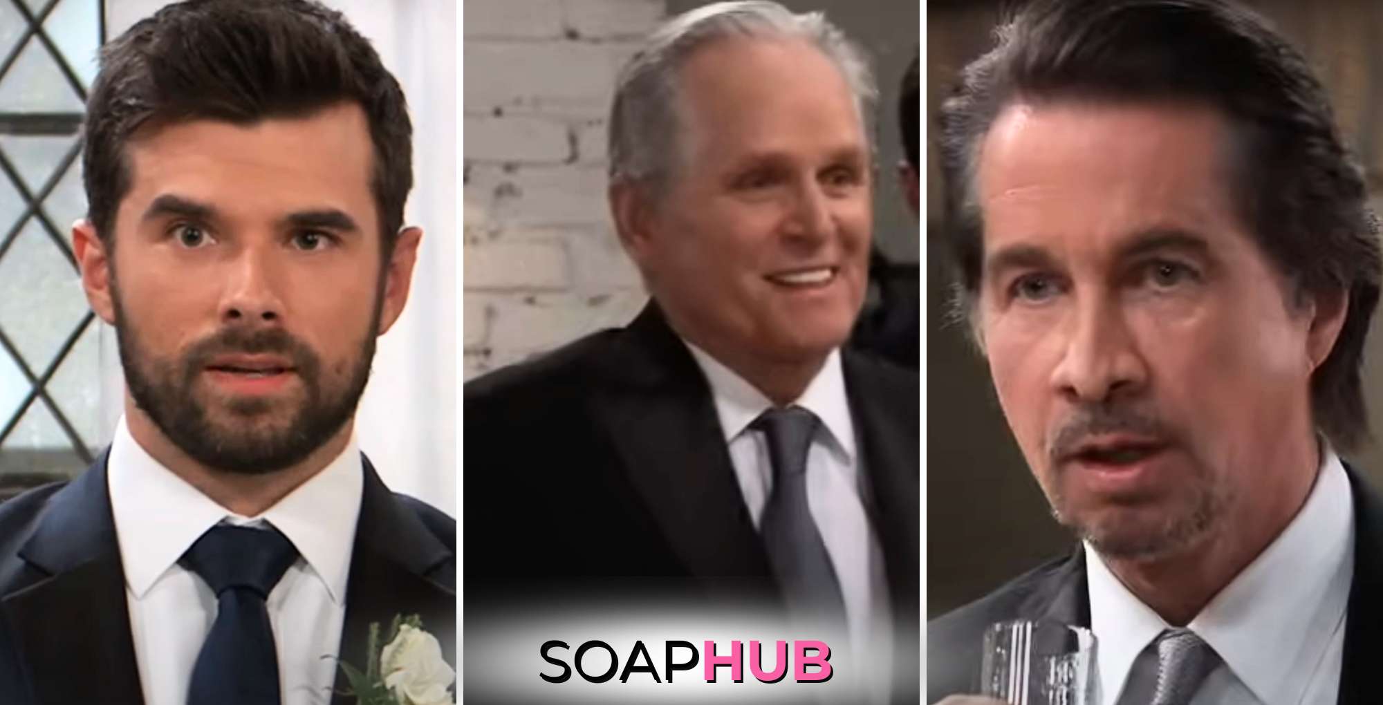 General Hospital spoilers May 16 with Chase, Gregory, and Finn at the wedding with the Soap Hub logo.