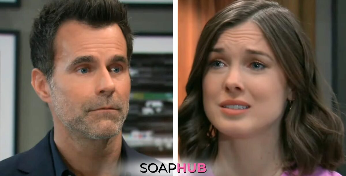Drew and Willow on the May 13, 2024 episode of General Hospital with the Soap Hub logo across the bottom.
