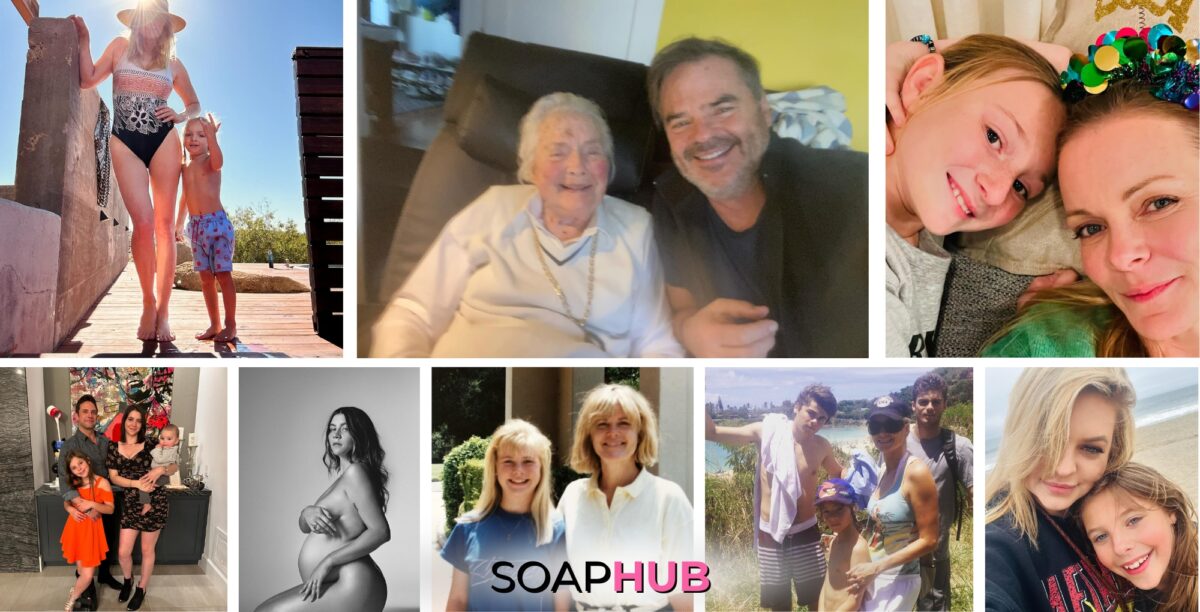 Collage of soap stars celebrating Mother's Day 2024 on social media, with Soap Hub Logo on bottom of image