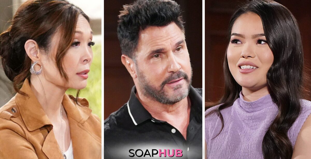 Bold and the Beautiful Weekly Spoilers for May 27-31 Feature Poppy, Bill and Luna with the Soap Hub Logo Across the Bottom.