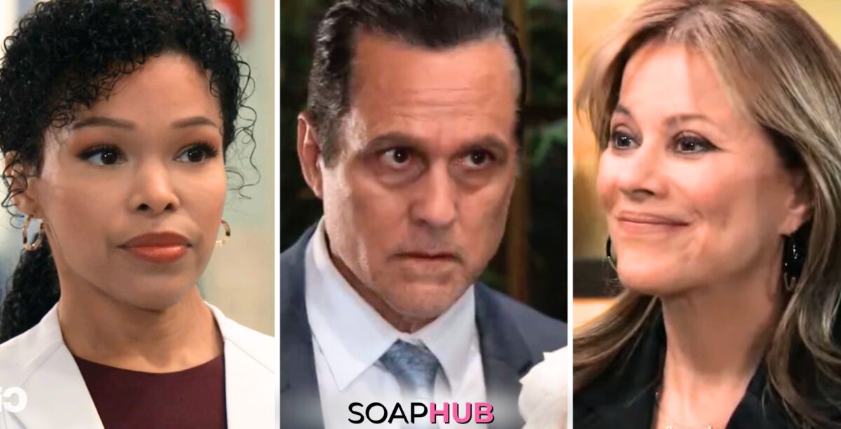 Portia, Sonny, and Alexis on General Hospital with the Soap Hub logo across the bottom.