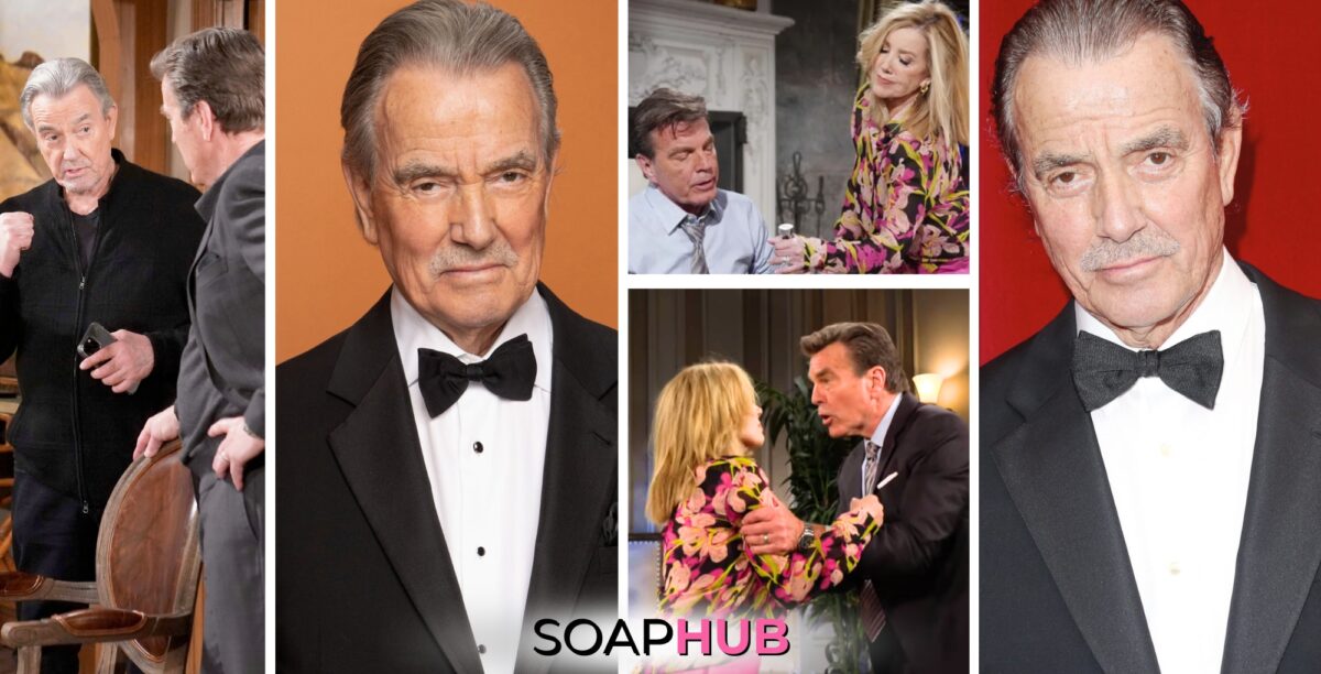 Collage for story featuring The Young and the Restless's Eric Braeden raving about his costars Melody Thomas Scott and Peter Bergman and their recent episode, with Soap Hub logo across the bottom