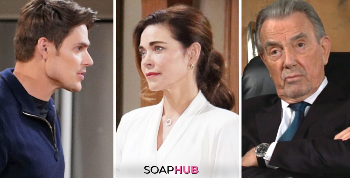 The Young and the Restless spoilers for May 21 feature Adam, Victoria, and Victor with the Soap Hub logo.