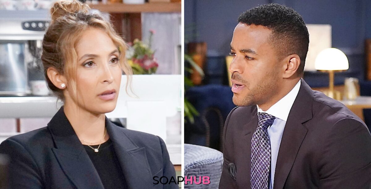 The Young and the Restless spoilers for May 8 feature Lily and Nate with the Soap Hub logo.