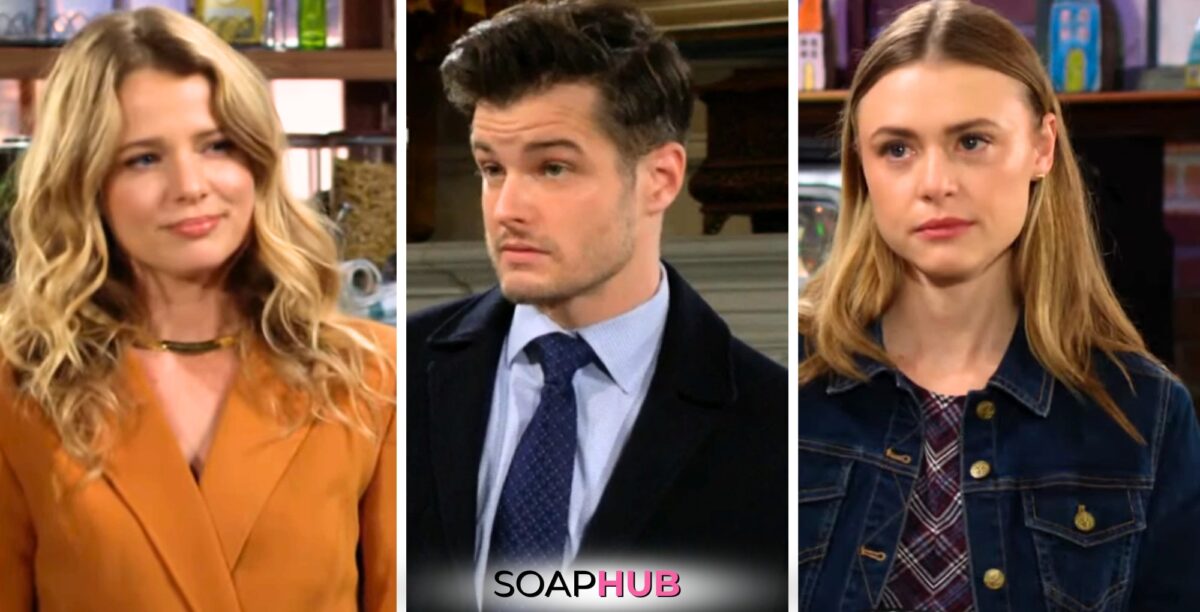 Young and the Restless spoilers for May 17 feature Summer, Kyle, and Claire with the Soap Hub logo.