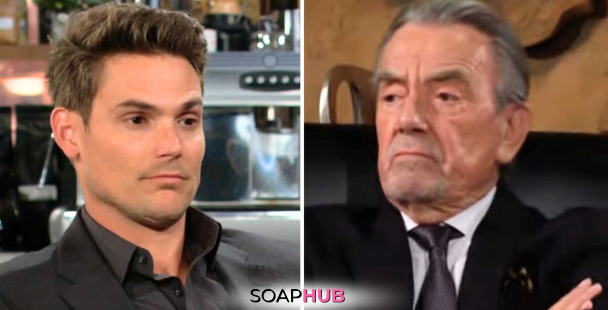 Young and the Restless spoilers for June 3 with Adam and Victor and the Soap Hub logo.