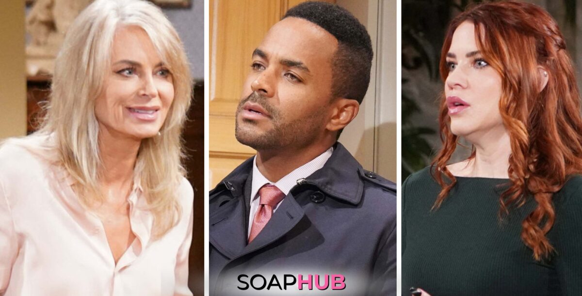 Young and the Restless spoilers for the week of June 3 - 7 with Ashley, Nate, and Sally and the Soap Hub logo.