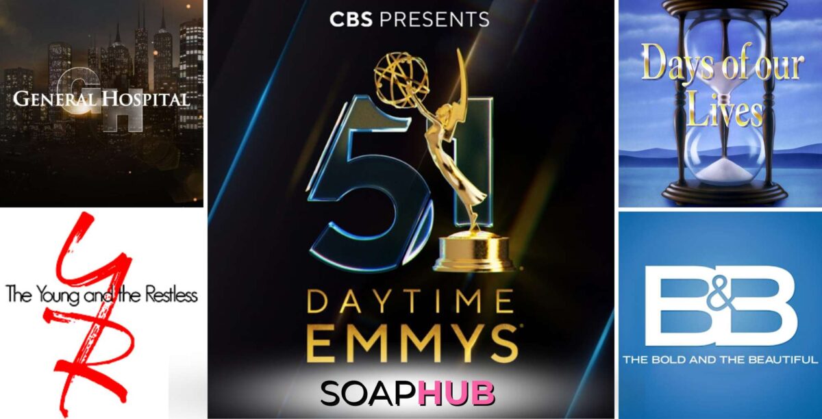 The General Hospital, Young and the Restless, Days of Our Lives, Bold and the Beautiful, and Daytime Emmys 2024 logo with the Soap Hub logo across the bottom.