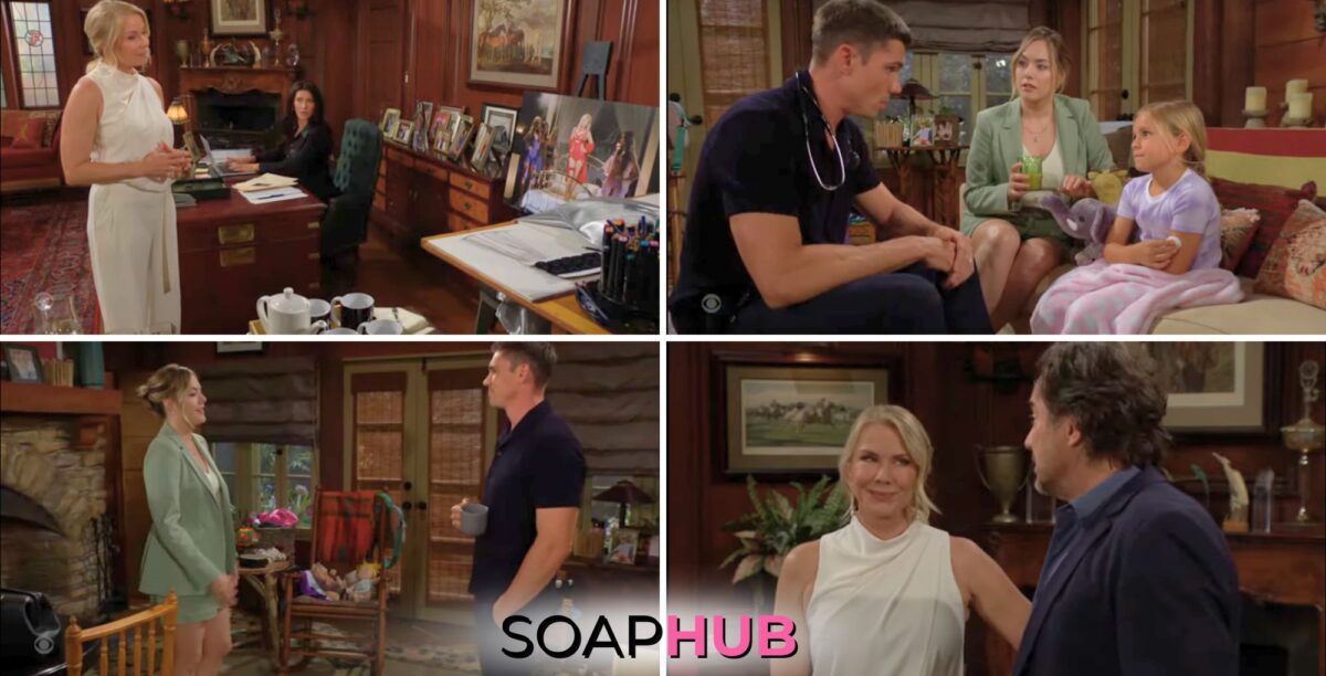The Bold and the Beautiful recap for June 13 features Hope, Steffy, Brooke, Ridge, and Finn, with the Soap Hub logo across the bottom.