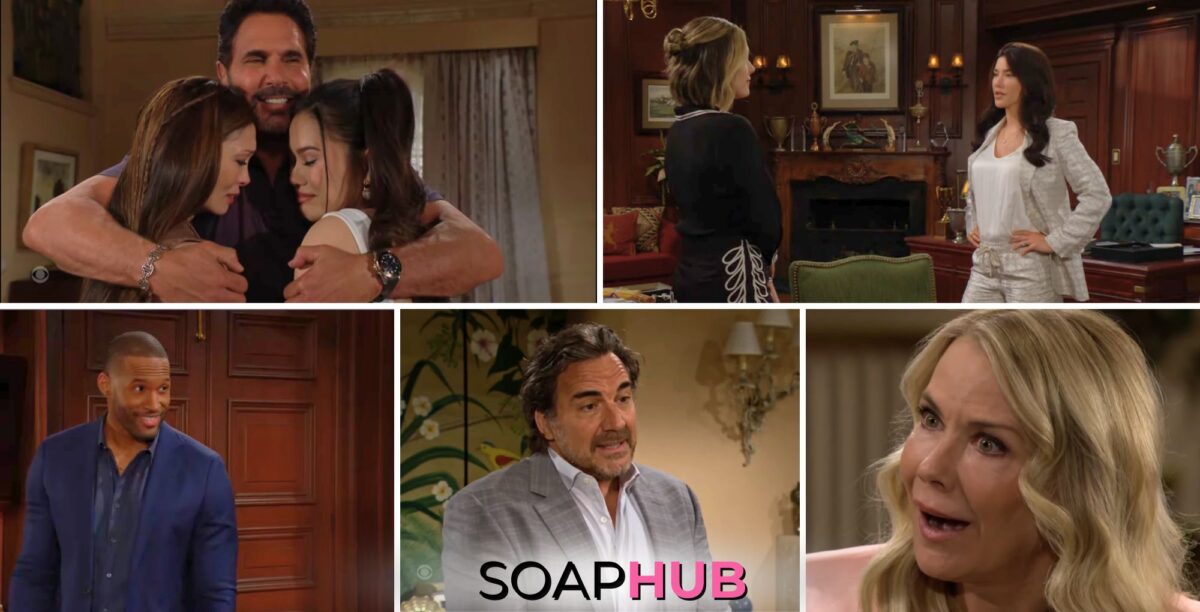 The Bold and the Beautiful recap for June 6 features Hope, Steffy, Carter, Brooke, Ridge, Bill, Luna, Li, and Poppy, with the Soap Hub logo across the bottom.