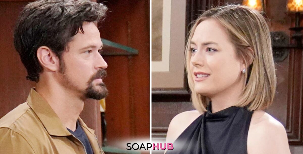 Bold and the Beautiful Spoilers for Tuesday, June 25, Episode 9301 Features Thomas and Hope with the Soap Hub Logo Across the Bottom.