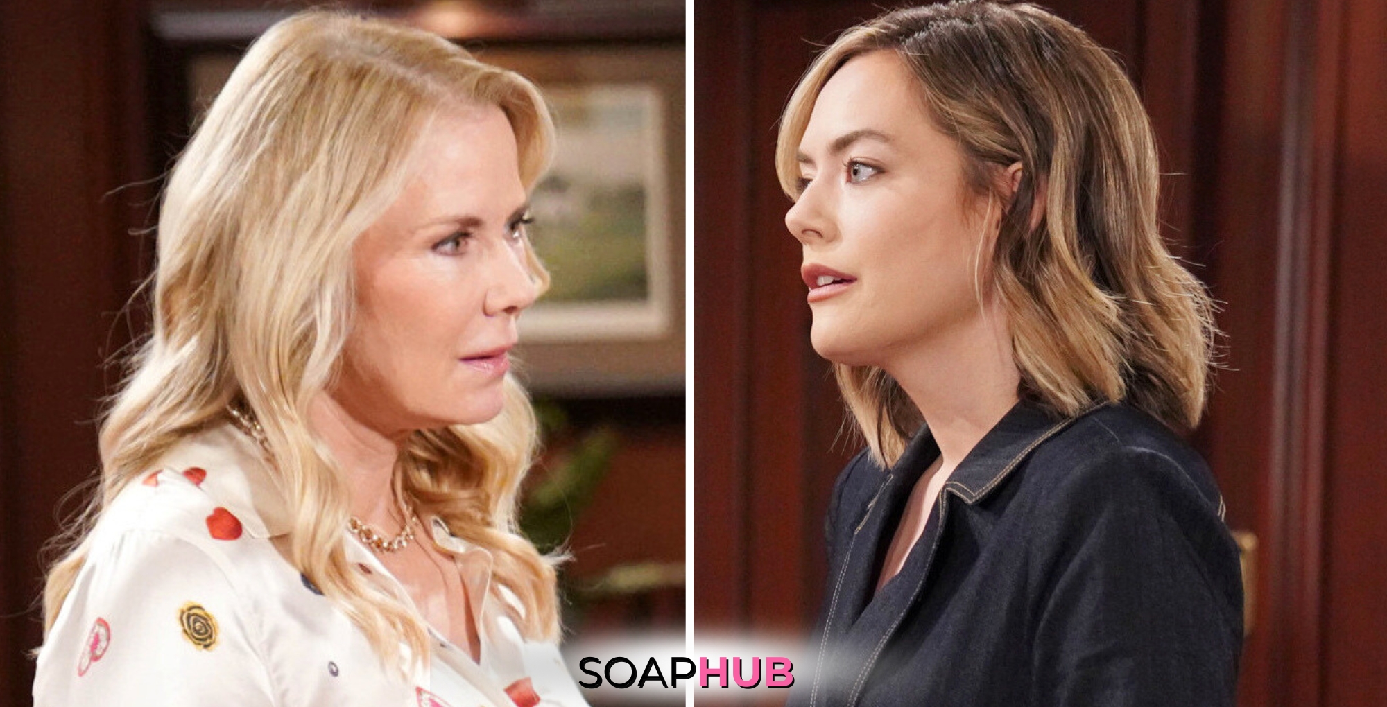 Bold and the Beautiful Spoilers for Wednesday, June 12, Episode 9292 Features Brooke and Hope with the Soap Hub Logo Across the Bottom.