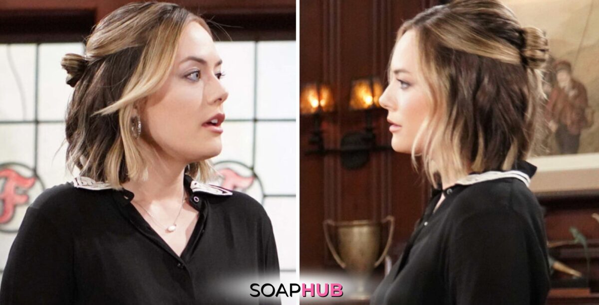 Bold and the Beautiful Spoilers for Friday, June 7, Episode 9289 Features Hope With the Soap Hub Logo Across the Bottom.