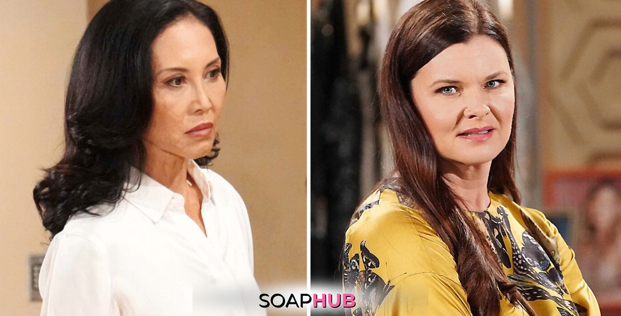 Bold and the Beautiful Spoilers for Thursday, June 5, Episode 9288 Feature Li and Katie with the Soap Hub Logo Across the Bottom.