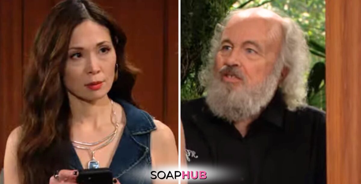 Bold and the Beautiful Spoilers for Monday, July 1, Episode 9305 Feature Poppy and Tom with the Soap Hub Logo Across the Bottom.