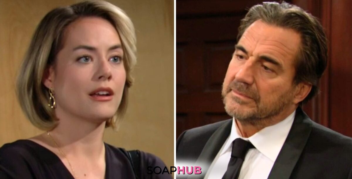 Bold and the Beautiful Spoilers for Tuesday, June 4, Episode 9286 Features Hope and Ridge with the Soap Hub Logo Across the Bottom.