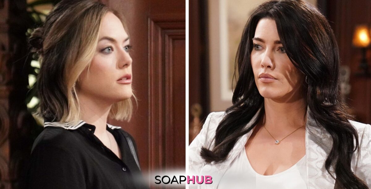 Bold and the Beautiful Spoilers for Thursday, June 27, Episode 9303 Features Hope and Steffy with the Soap Hub Logo Across the Bottom.