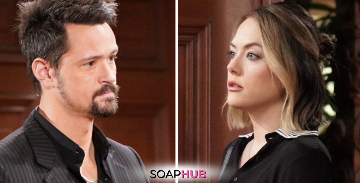 Bold and the Beautiful Spoilers for Monday, June 24, Episode 9300 Features Thomas and Hope with the Soap Hub Logo Across the Bottom.