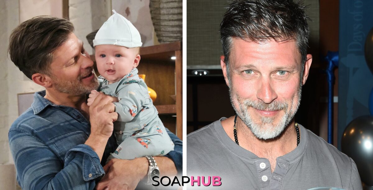 Image of Greg Vaughan and his Days of Our Lives alter ego Eric Brady who's holding Jude, with Soap Hub Logo at Bottom of image