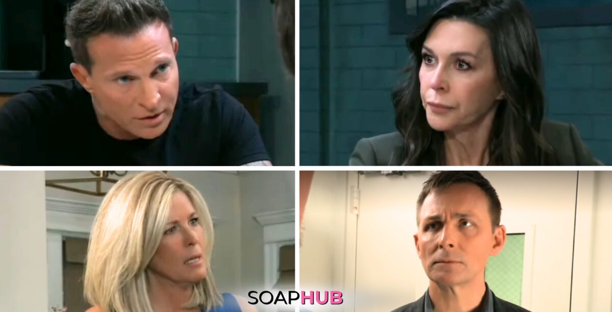 Jason, Valentin, Carly, and Anna on General Hospital with the Soap Hub logo across the bottom.