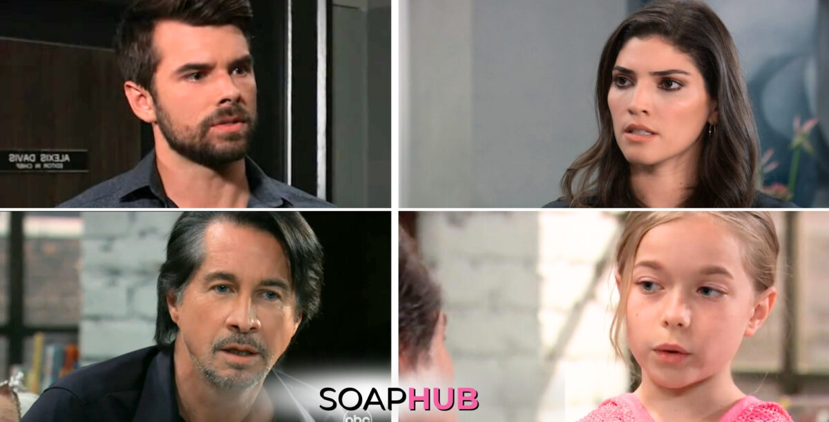 General Hospital spoilers for Monday, June 24, 2024, featuring Chase and Brook Lynn, Finn, and Violet, with the Soap Hub logo near bottom of image.