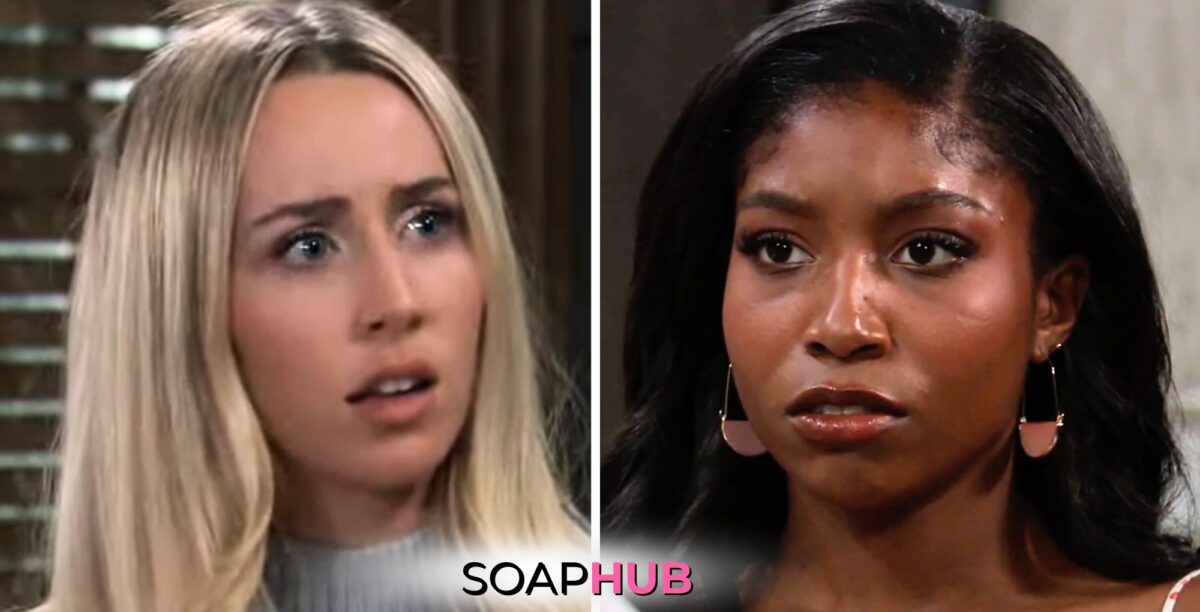 General Hospital spoilers for Monday, July 1, 2024, featuring Trina and Joss, with the Soap Hub logo near bottom of image.