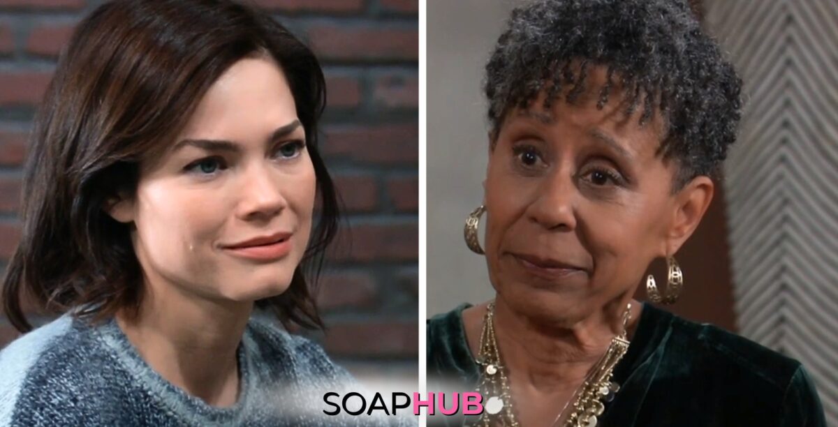 General Hospital spoilers for Friday, June 7, 2024, featuring Elizabeth and Stella, with the Soap Hub logo near bottom of image.
