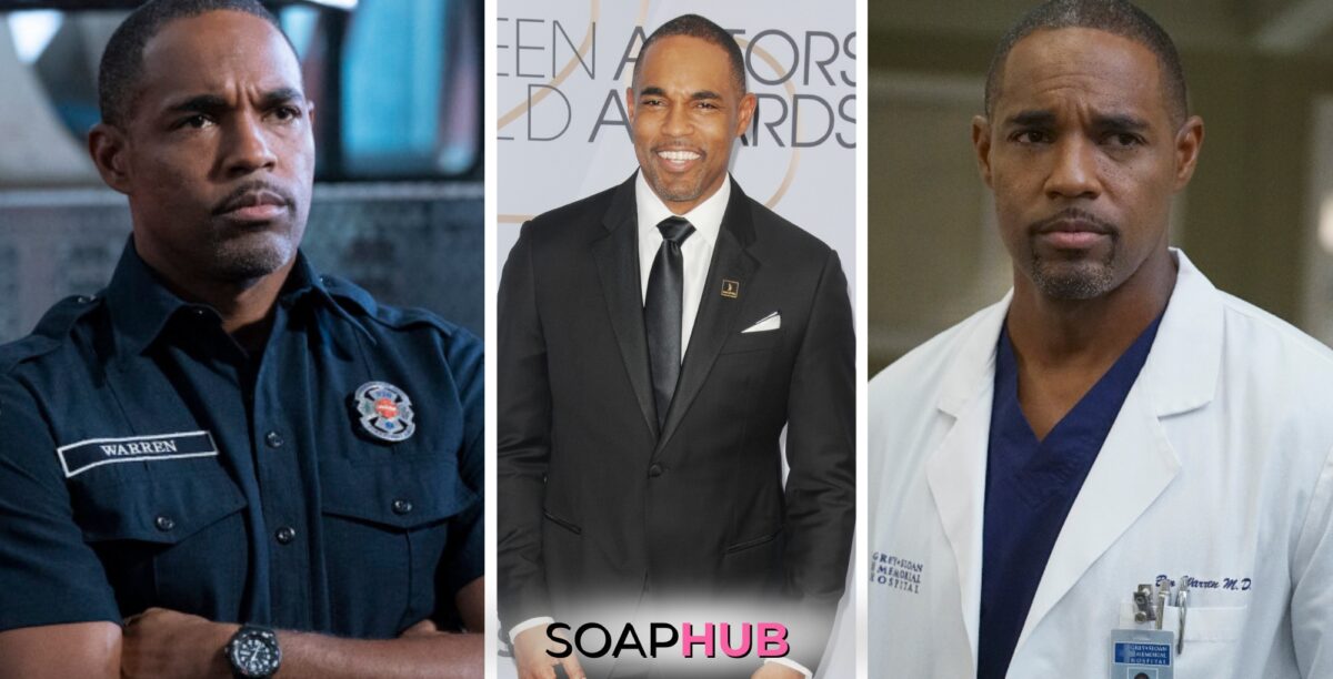Collage of Jason George, formerly of Sunset Beach and Station 19. He's returning to Grey's Anatomy as series regular, plus Soap Logo near bottom of image