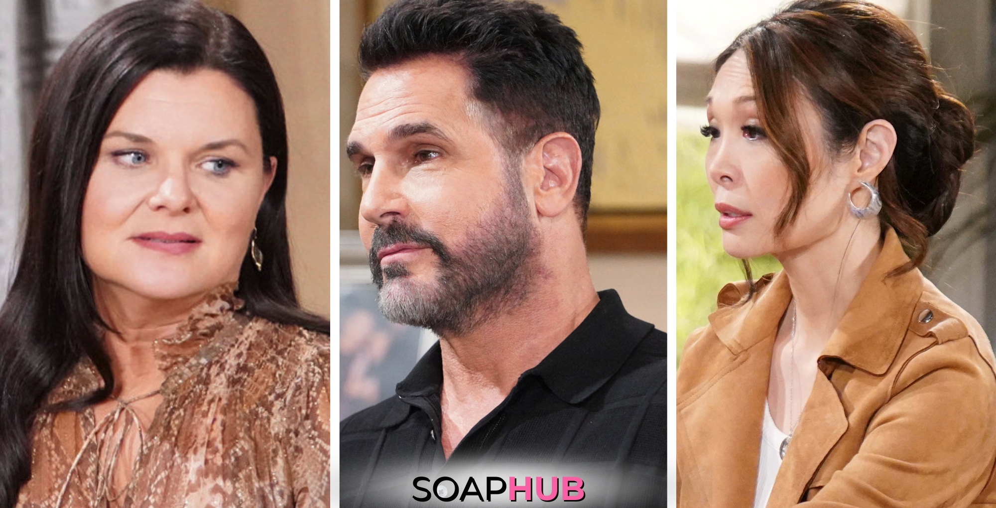 Bold and the Beautiful Spoilers for the Week of June 17 - 21 Feature Katie, Bill and Poppy with the Soap Hub Logo Across the Bottom.