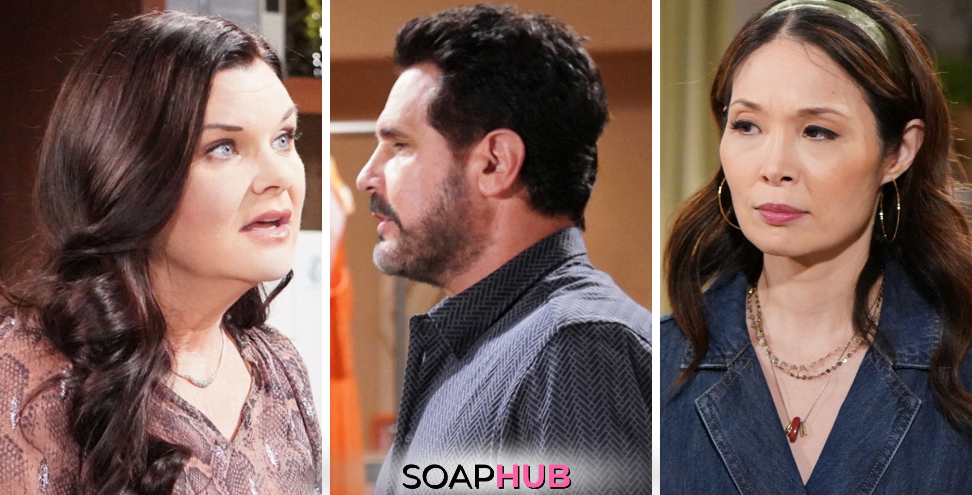 Bold and the Beautiful Weekly Spoilers for June 10 - 14 Feature Katie, Bill and Poppy with the Soap Hub Logo Across the Bottom.