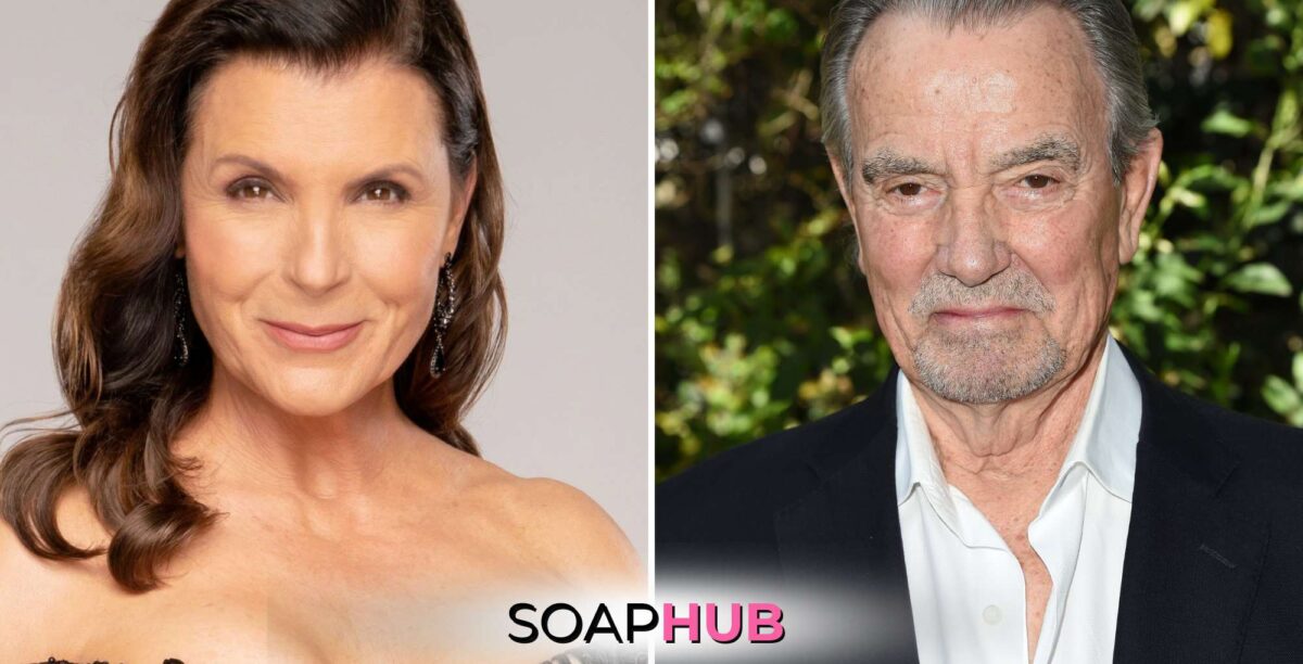 Bold and the Beautiful star Kimberlin Brown and Young and the Restless star Eric Braeden with the Soap Hub logo.