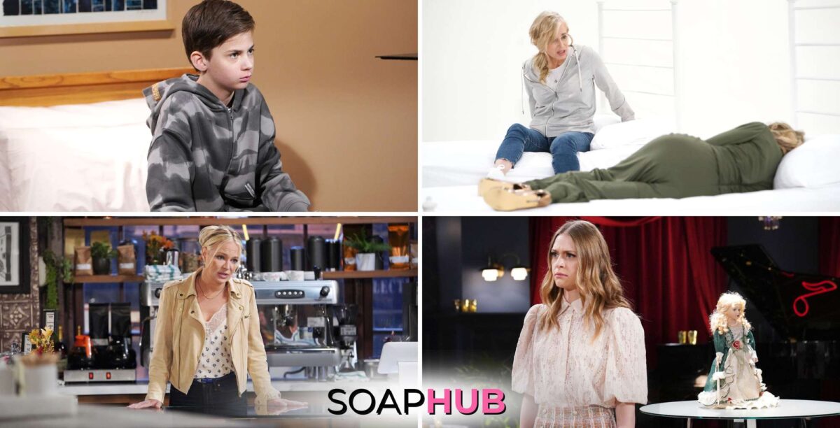 Young and the Restless Connor, Ashley, Sharon, and Claire with the Soap Hub logo.