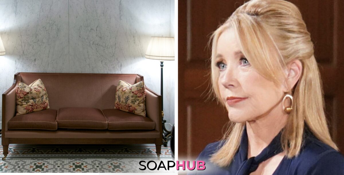 The Young and the Restless Nikki, couch, and the Soap Hub logo.