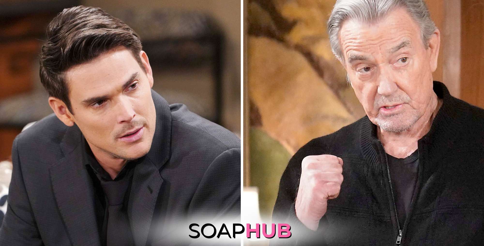 The Young and the Restless spoilers for June 18 feature Adam and Victor with the Soap Hub logo.